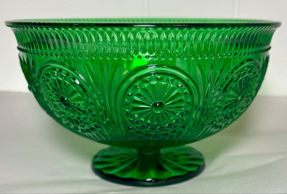 Vintage EO Brody Emerald Green Pressed Glass Pedestal Ciborium Footed Bowl